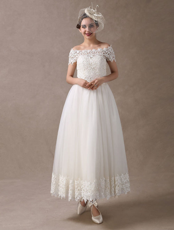 Vintage Wedding Dresses 1950S Off The Shoulder Ivory Lace Short Sleeve Ankle Length Bridal Dress Exclusive