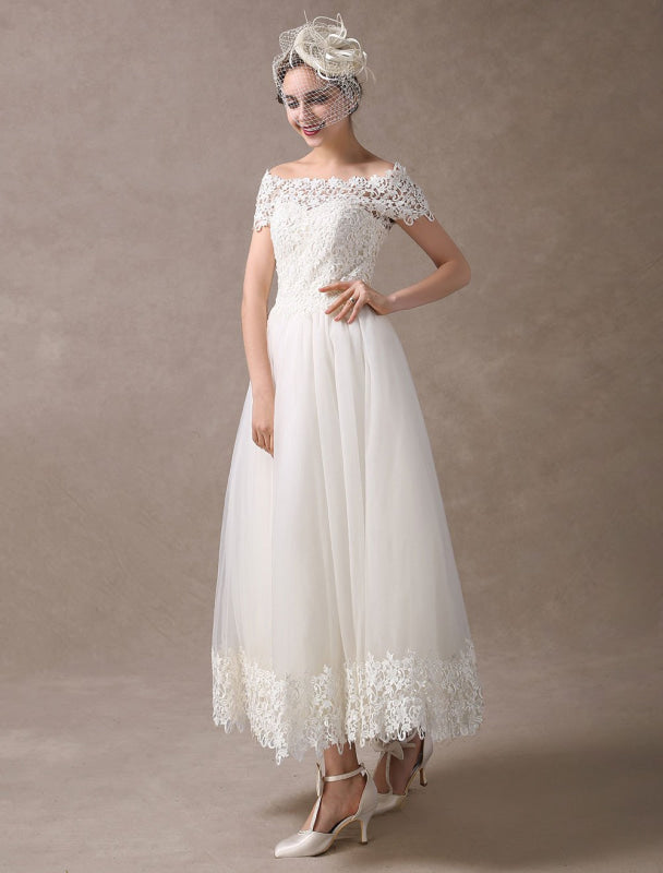 Vintage Wedding Dresses 1950S Off The Shoulder Ivory Lace Short Sleeve Ankle Length Bridal Dress Exclusive