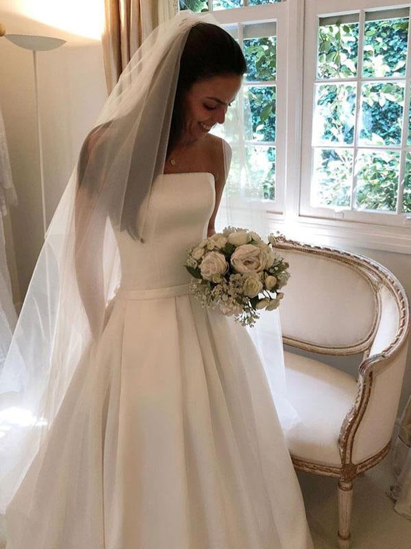Vintage Wedding Dresses Satin Strapless A Line Floor Length Classic Bridal Gown With Train