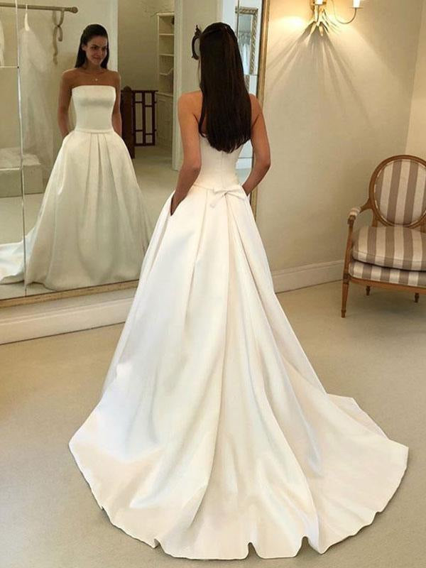 Vintage Wedding Dresses Satin Strapless A Line Floor Length Classic Bridal Gown With Train