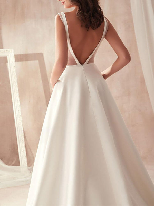 Vintage Wedding Dresses A Line V Neck Sleeveless Floor Length Pleat Bridal Gowns With Train