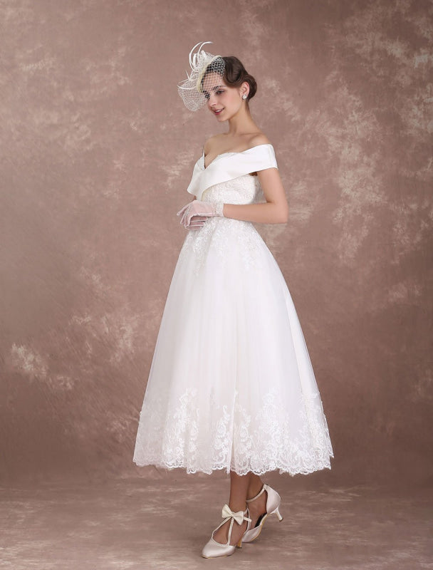 Vintage Wedding Dresses Off The Shoulder Short Bridal Dress 1950'S Lace Applique Beaded Tea Length Wedding Reception Dress Exclusive