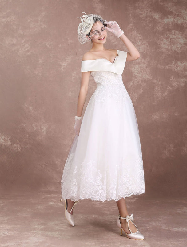 Vintage Wedding Dresses Off The Shoulder Short Bridal Dress 1950'S Lace Applique Beaded Tea Length Wedding Reception Dress Exclusive