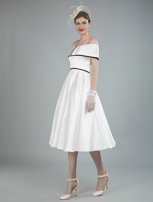 Vintage Wedding Dresses Satin Off The Shoulder A Line Tea Length Short Bridal Gowns Exclusive