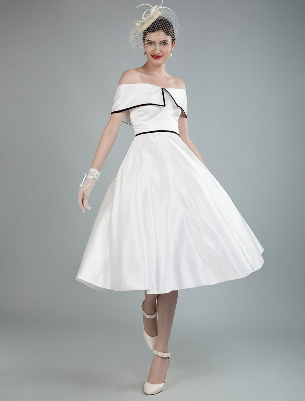 Vintage Wedding Dresses Satin Off The Shoulder A Line Tea Length Short Bridal Gowns Exclusive