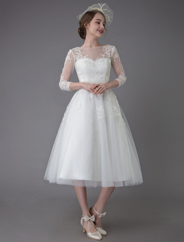 Vintage Wedding Dresses Tulle Bateau 3/4 Length Sleeve A Line Bridal Gown Short Bridal Dress