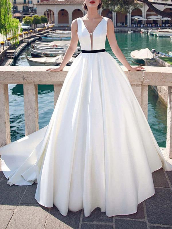 Vintage Wedding Dresses V Neck Sleeveless Sash Satin Floor Length Princess Bridal Dress