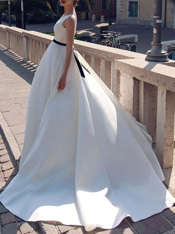 Vintage Wedding Dresses V Neck Sleeveless Sash Satin Floor Length Princess Bridal Dress
