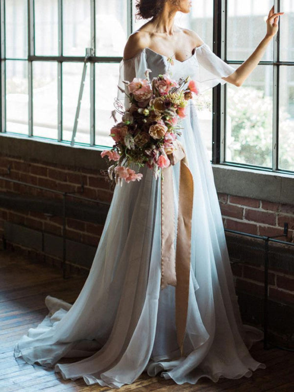 Off The Shoulder Wedding Dress A Line Sleeveless Pleated Court Train Chiffon Boho Bridal Gowns