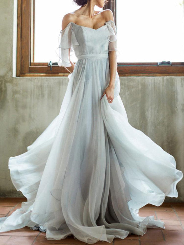 Off The Shoulder Wedding Dress A Line Sleeveless Pleated Court Train Chiffon Boho Bridal Gowns