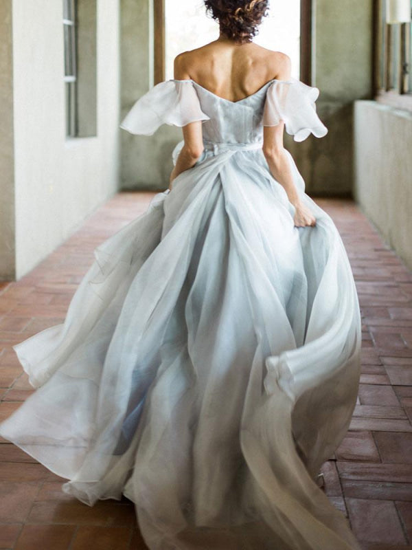 Off The Shoulder Wedding Dress A Line Sleeveless Pleated Court Train Chiffon Boho Bridal Gowns