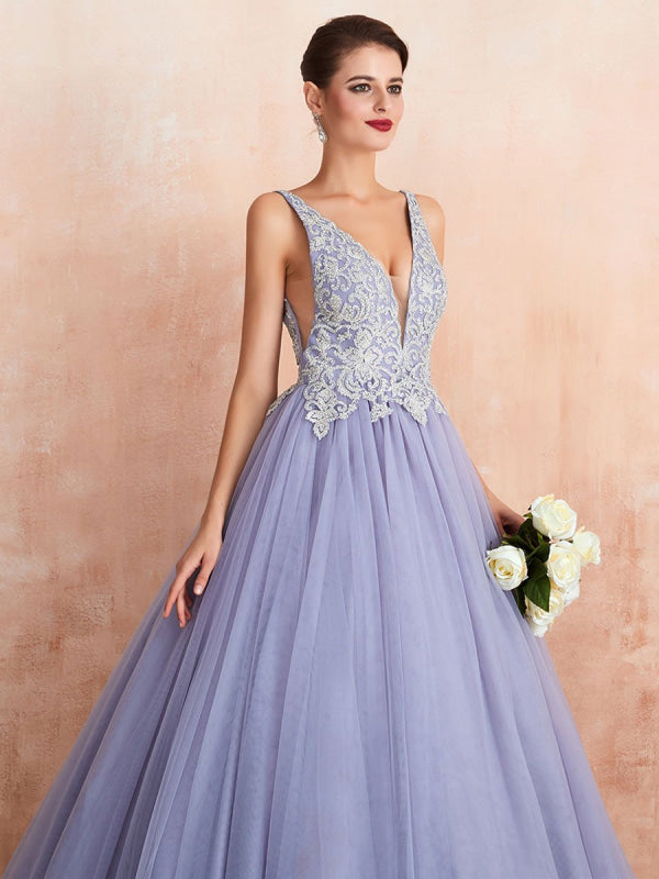 Wedding Dress Princess A Line Floor Length V Neck Sleeveless Raised Waist Lace Tulle Bridal Gowns