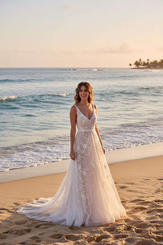 Wedding Dress With Train A Line Sleeveless Lace V Neck Bridal Gowns