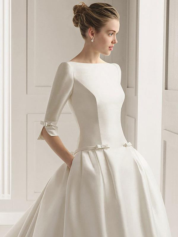 Wedding Dresses A-Line Chapel Train Bateau 3/4 Length Sleeves Bows Satin Bridal Dresses White
