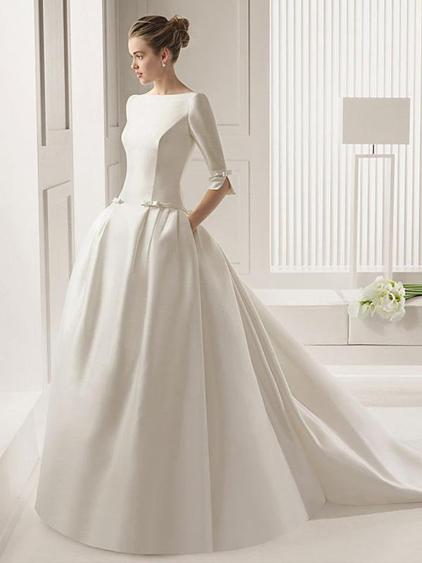 Wedding Dresses A-Line Chapel Train Bateau 3/4 Length Sleeves Bows Satin Bridal Dresses White