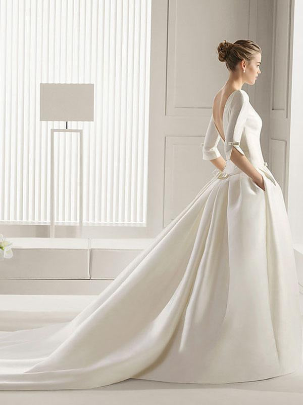Wedding Dresses A-Line Chapel Train Bateau 3/4 Length Sleeves Bows Satin Bridal Dresses White