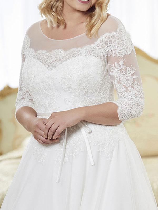 Wedding Dresses A Line Jewel Neck Half Sleeve Floor Length Tulle Lace Vintage Bridal Gowns