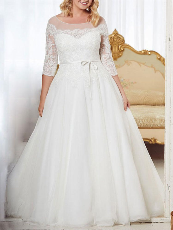 Wedding Dresses A Line Jewel Neck Half Sleeve Floor Length Tulle Lace Vintage Bridal Gowns