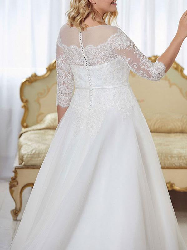 Wedding Dresses A Line Jewel Neck Half Sleeve Floor Length Tulle Lace Vintage Bridal Gowns
