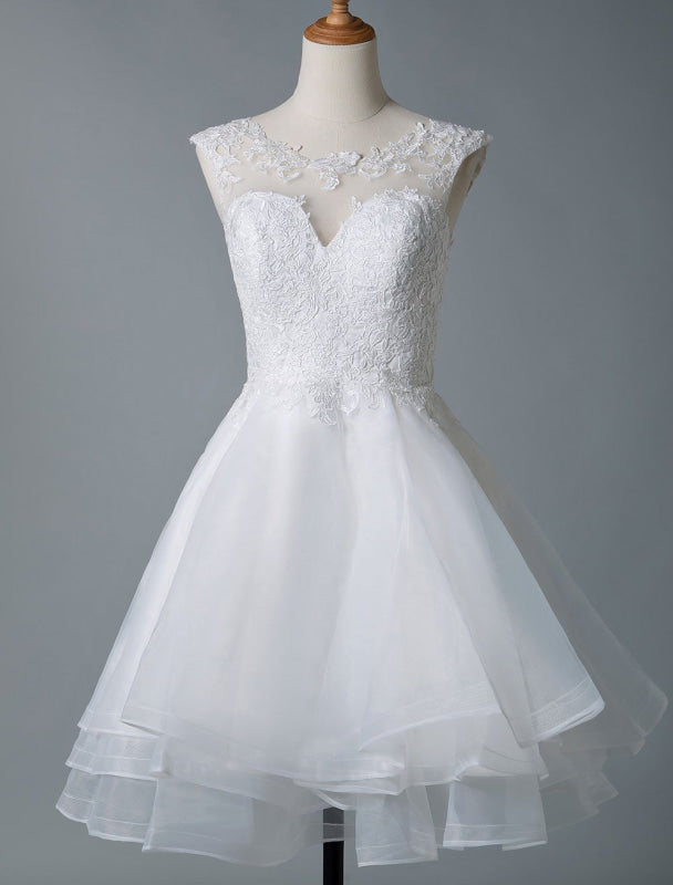 Wedding Dresses A Line Jewel Neck Sleeveless Natural Waist Tulle Short Bridal Dress