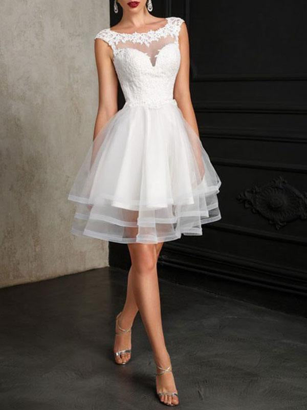 Wedding Dresses A Line Jewel Neck Sleeveless Natural Waist Tulle Short Bridal Dress