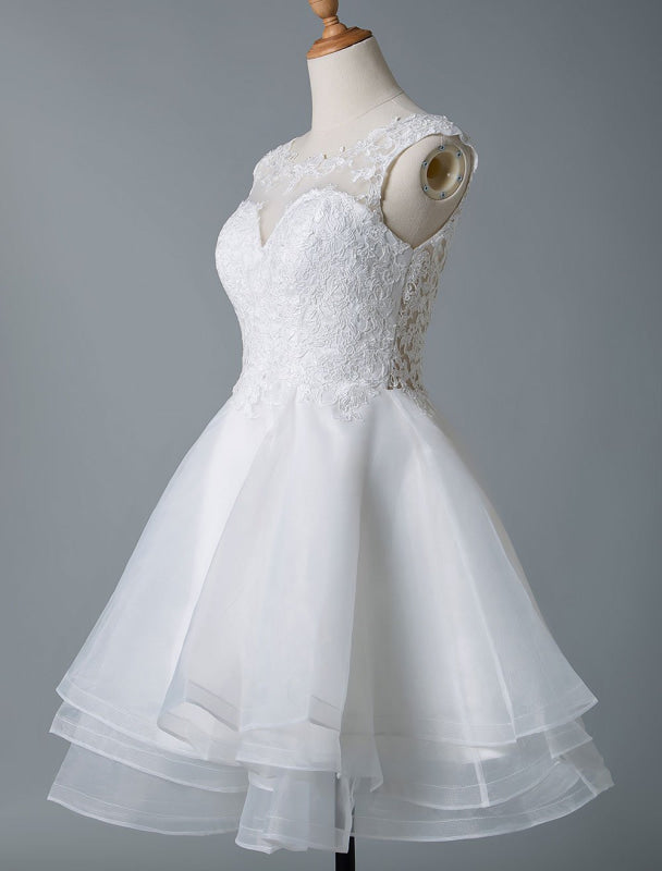 Wedding Dresses A Line Jewel Neck Sleeveless Natural Waist Tulle Short Bridal Dress