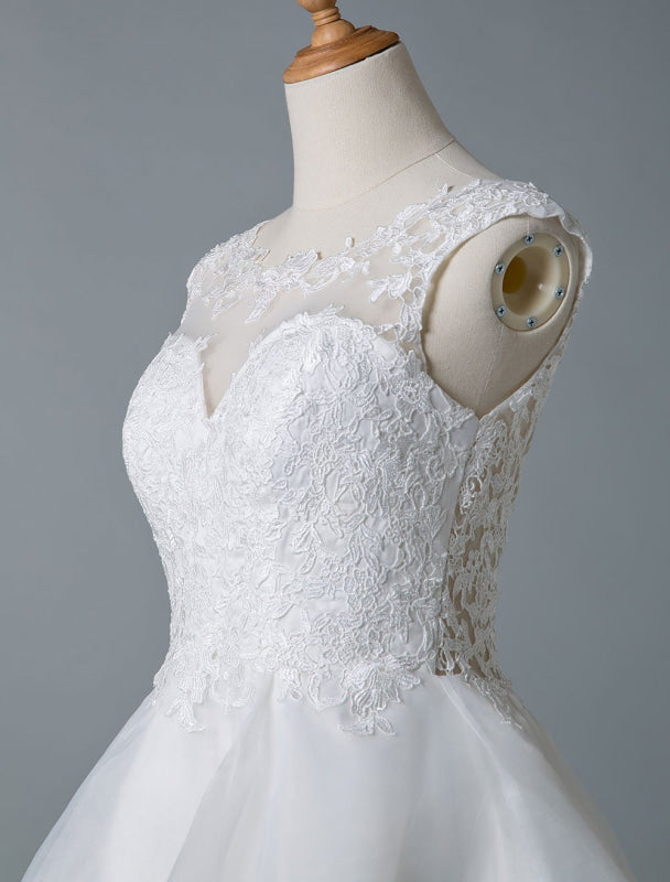 Wedding Dresses A Line Jewel Neck Sleeveless Natural Waist Tulle Short Bridal Dress