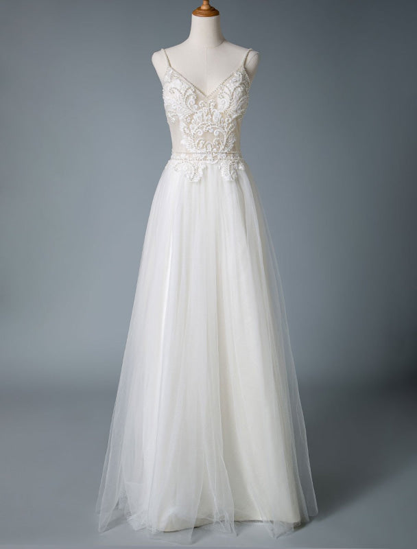 Wedding Dresses A Line V Neck Sleeveless Straps Beaded Floor Length Polka Dot Tulle Bridal Gowns