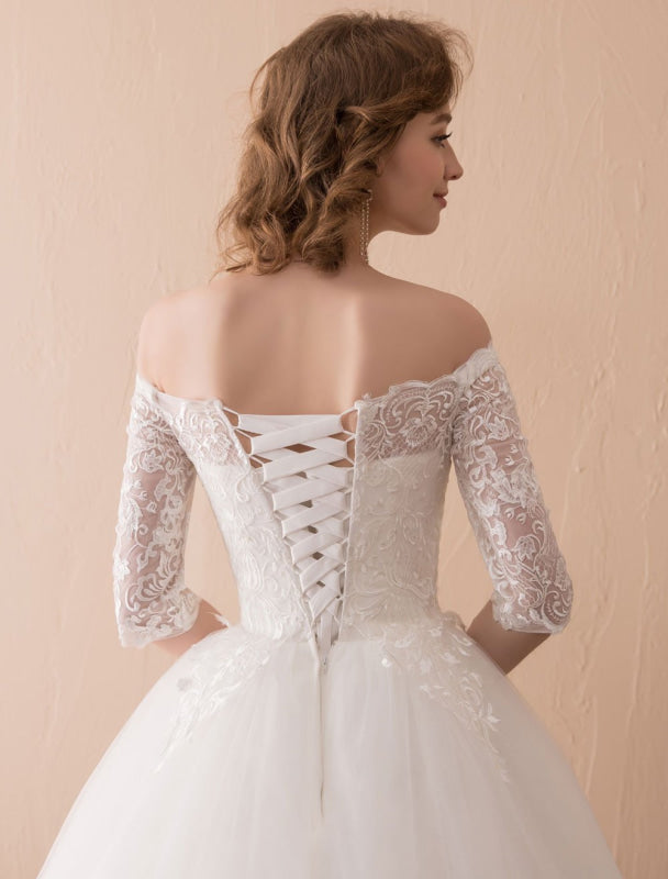 Wedding Dresses Princess Lace Off The Shoulder Bridal Gown Half Sleeve Floor Length Bridal Dress