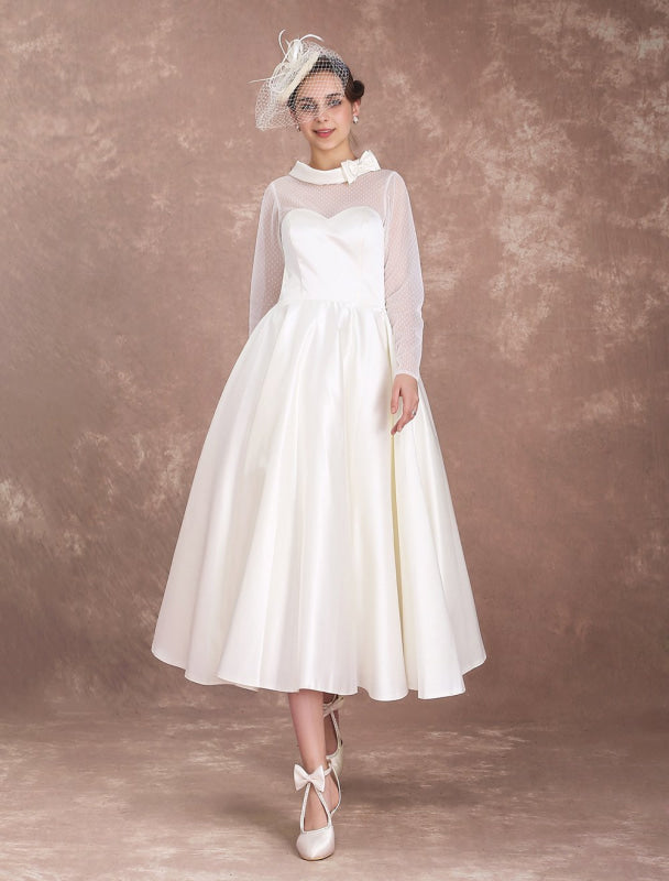 Wedding Dresses Short 1950'S Vintage Bridal Dress Long Sleeve Sweetheart Neckline Satin Ivory Rockabilly Wedding Dress Exclusive