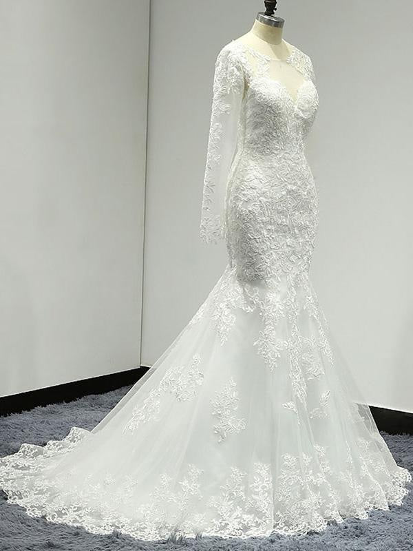 White Long Sleeve Lace Mermaid Wedding Dresses with Train