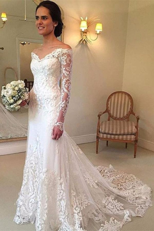 White Long Sleeves Off the Shoulder Mermaid Lace Wedding Dress
