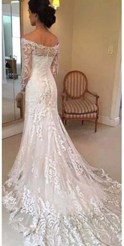 White Long Sleeves Off the Shoulder Mermaid Lace Wedding Dress