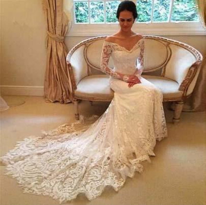 White Long Sleeves Off the Shoulder Mermaid Lace Wedding Dress