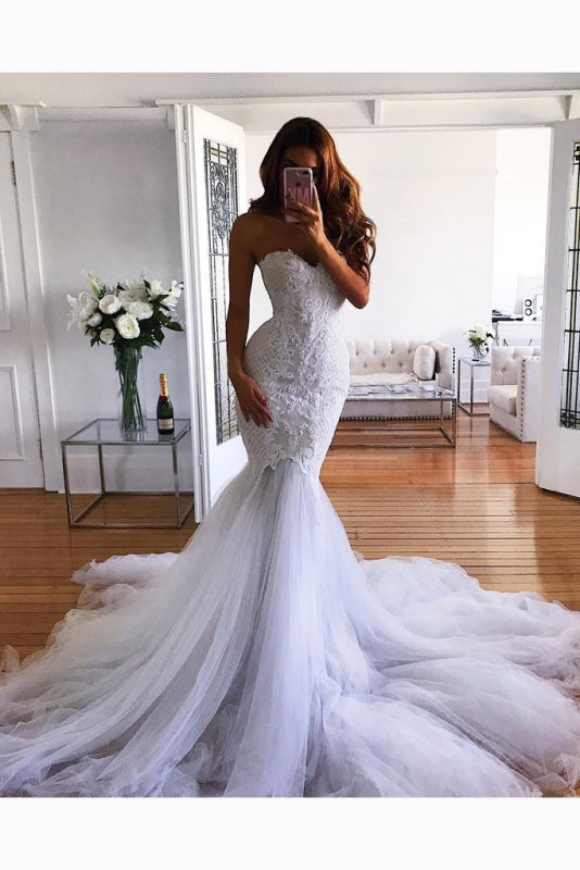 White Mermaid Sweetheart Sweep Train Tulle Lace Appliqued Wedding Dress
