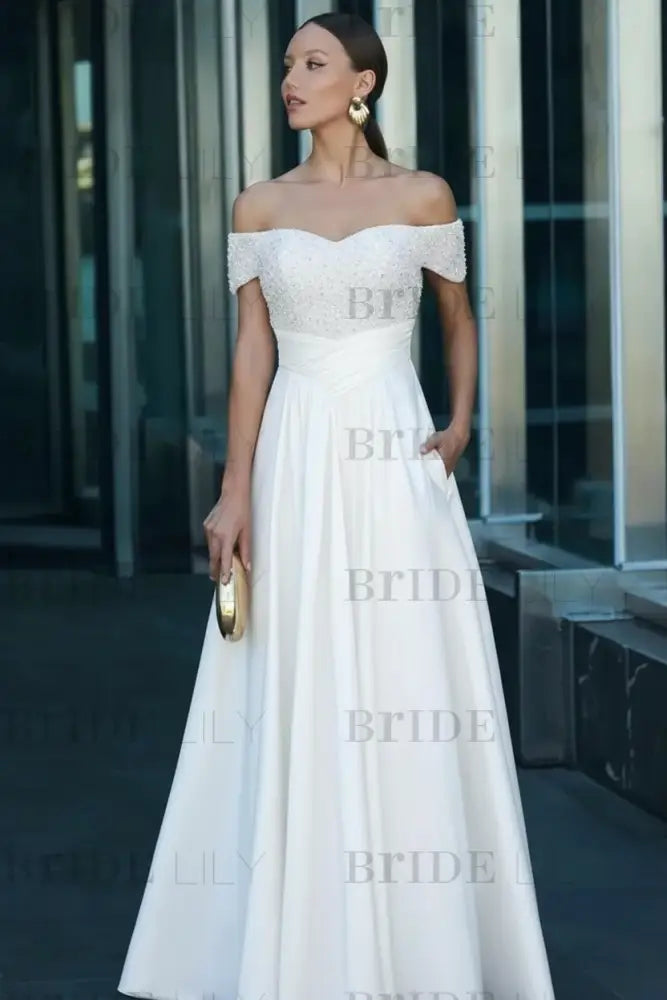 Off-the-Shoulder Dark Green Satin Aline Formal Dress with Beadings