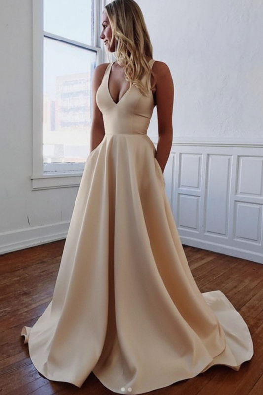 White Simple V-neck A-Line Wedding Dress Satin with Bows
