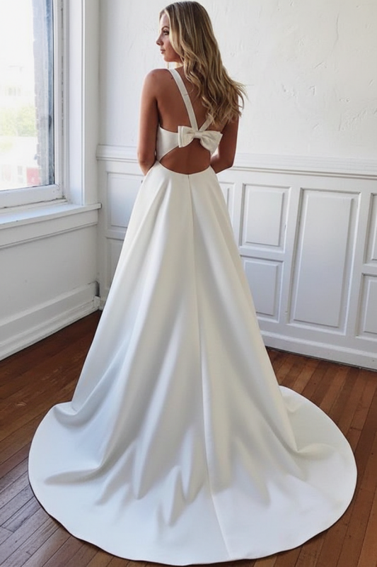White Simple V-neck A-Line Wedding Dress Satin with Bows