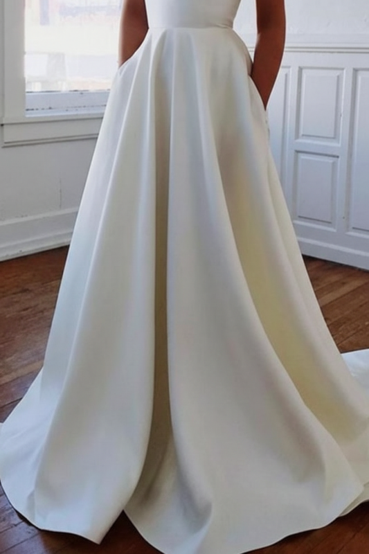 White Simple V-neck A-Line Wedding Dress Satin with Bows