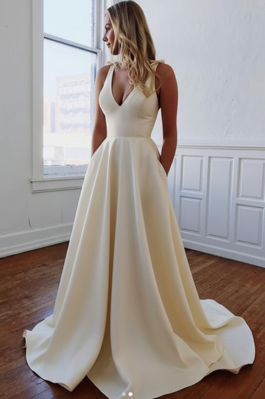 White Simple V-neck A-Line Wedding Dress Satin with Bows