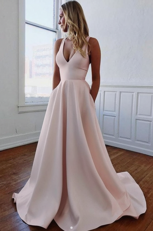 White Simple V-neck A-Line Wedding Dress Satin with Bows