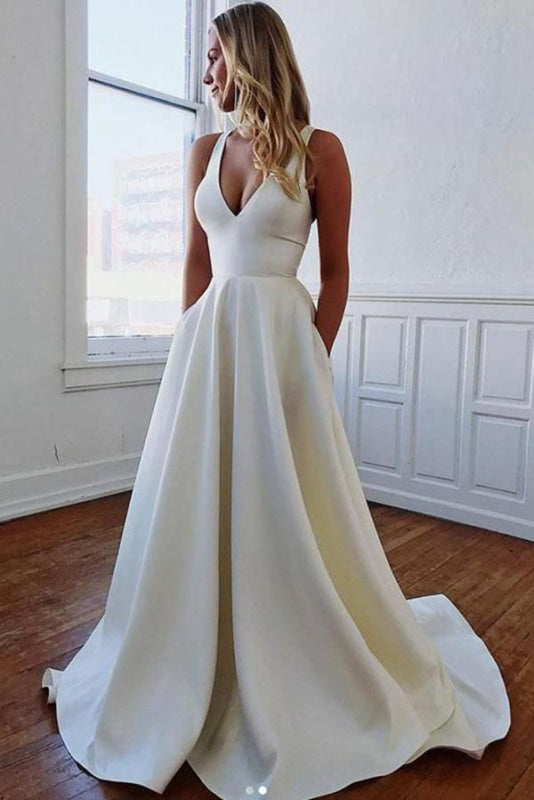 White Simple V-neck A-Line Wedding Dress Satin with Bows