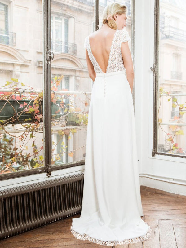 White Simple Wedding Dress A-Line Strapless Backless Short Sleeves Lace Satin Long Bridal Dresses