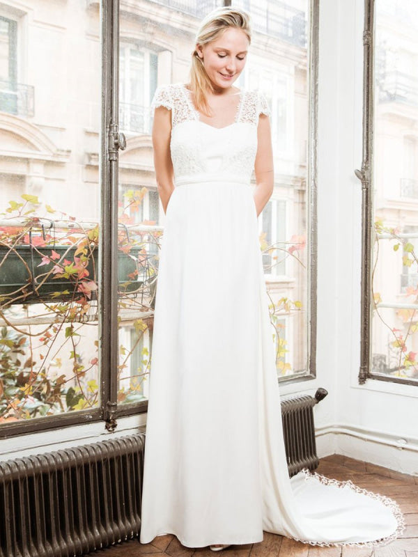 White Simple Wedding Dress A-Line Strapless Backless Short Sleeves Lace Satin Long Bridal Dresses