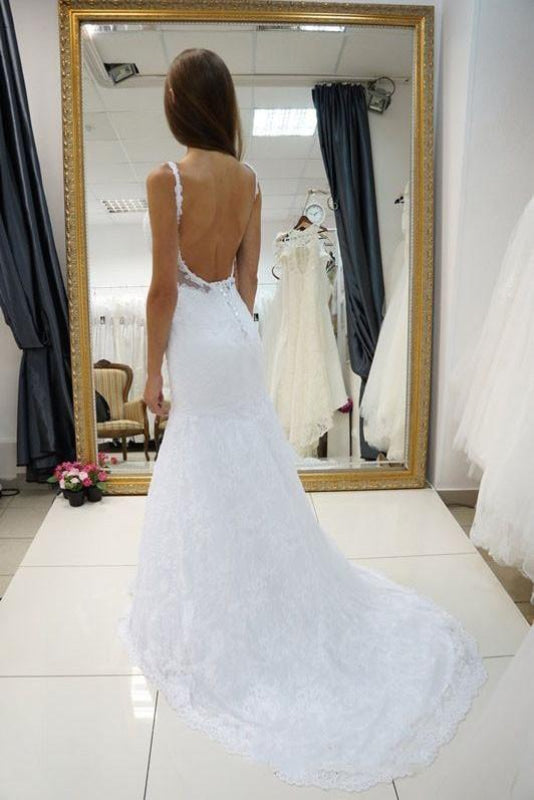 White Straps Open Back Lace Sweetheart Customized Wedding Dress