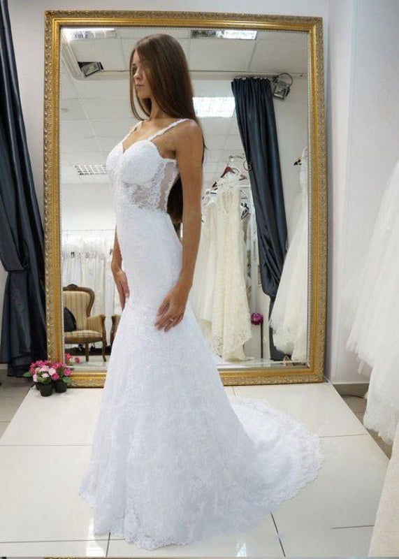 White Straps Open Back Lace Sweetheart Customized Wedding Dress