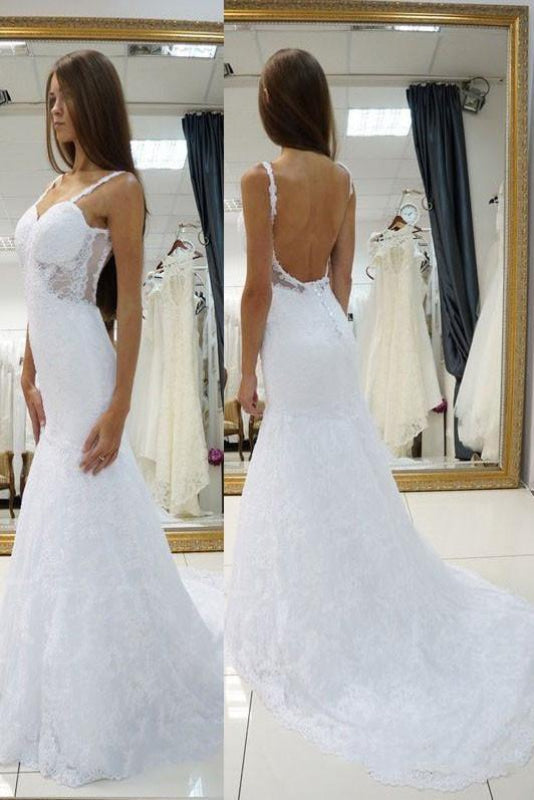 White Straps Open Back Lace Sweetheart Customized Wedding Dress