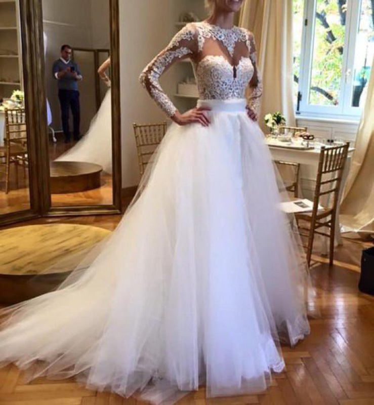 White Tulle Crew Neck Sheer Long Sleeve Lace Wedding Dress