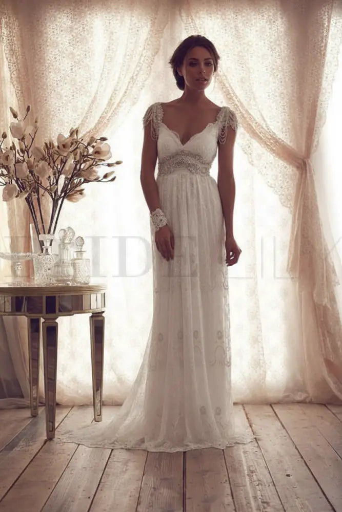 V Neck Backless Boho Wedding Dresses Cap Sleeves Lace Bridal Dress