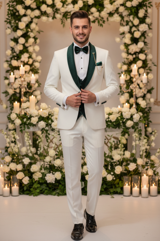 White Velvet Three Pieces Wedding Suits with Velvet Shawl Lapel One Button Slim Fit Tuxedos Wedding Party Groom Blazer Vest Pants